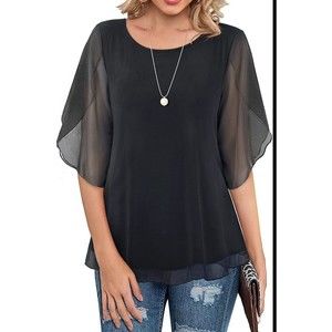 Sese Code Womens Ruffle 3/4 Sleeve‎ Mesh Loose Black Size 2XL Top New Lined